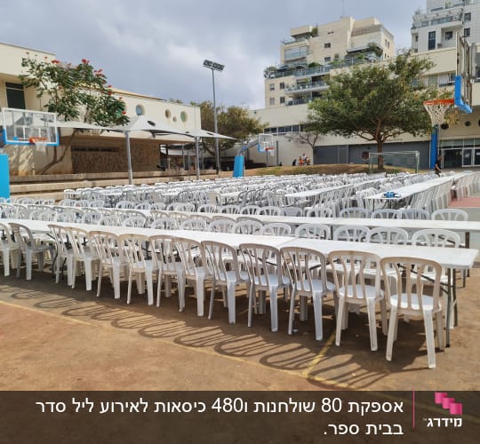 שולחנות וכיסאות פלסטיק לבנים מסודרים בשורות לאירוע חיצוני